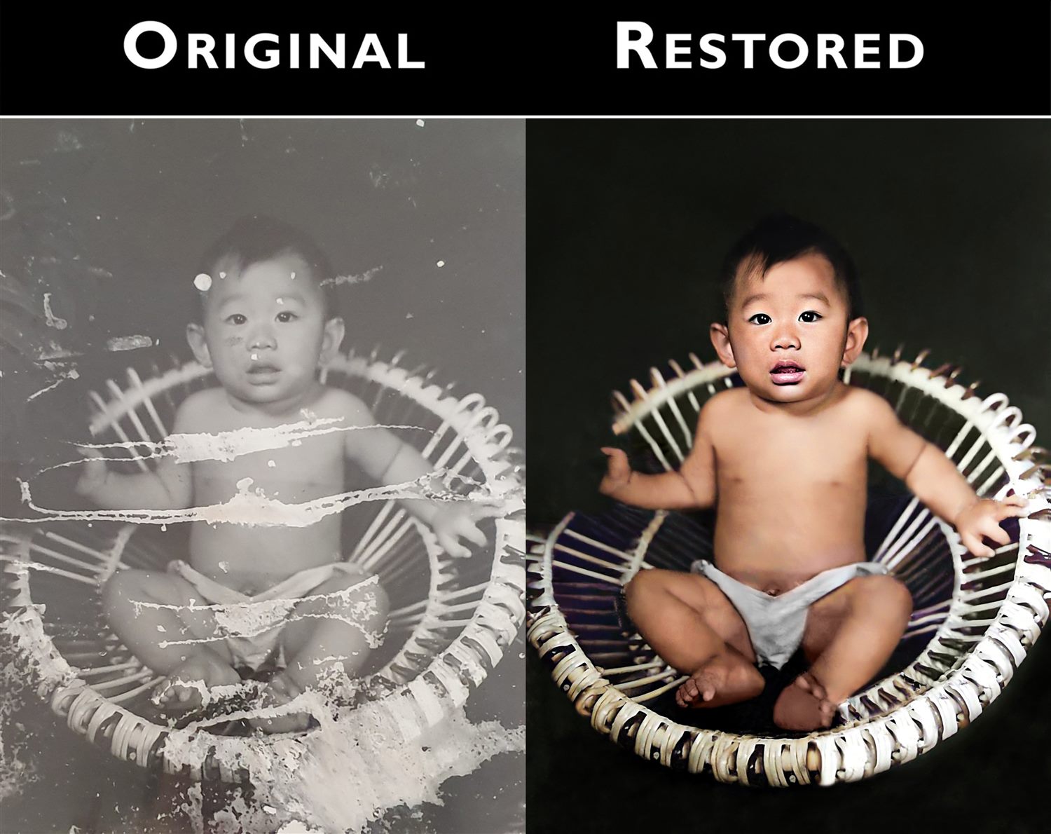 Restauration d'une vieille photo de bébé fortement abîmée — avant après