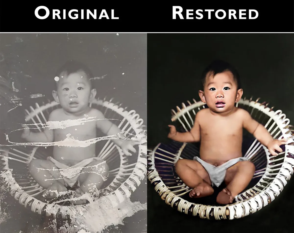 Restauration d'une vieille photo de bébé abîmée — avant après