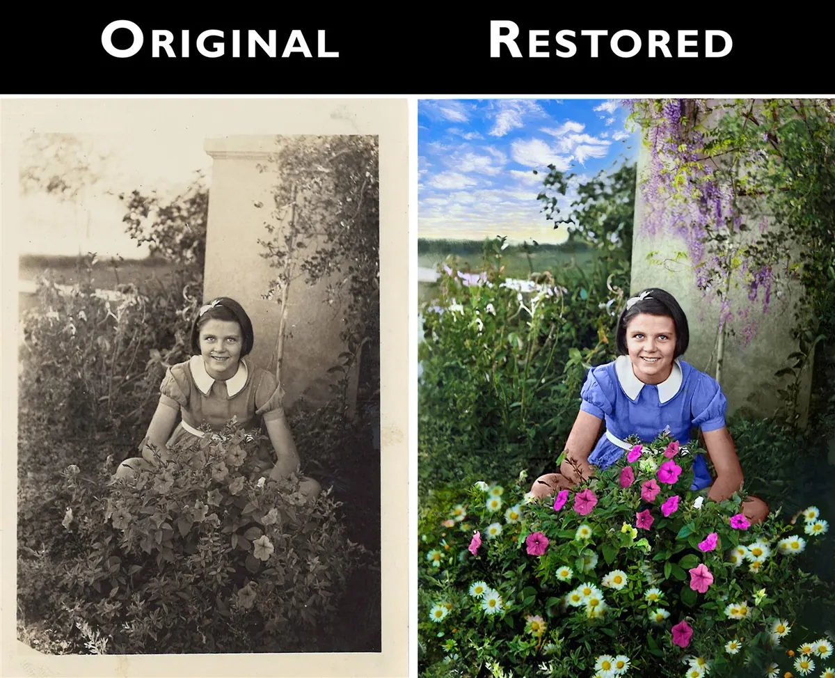 Restauration et colorisation d'une photo ancienne — avant et après