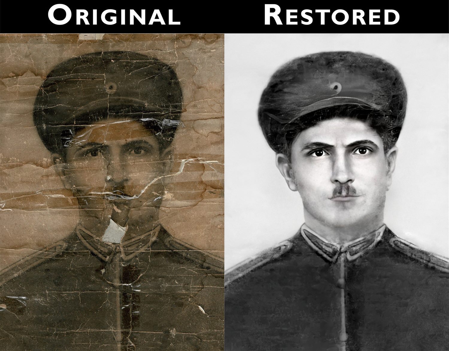 Restauration d'une photo militaire ancienne déchirée et tachée — avant après