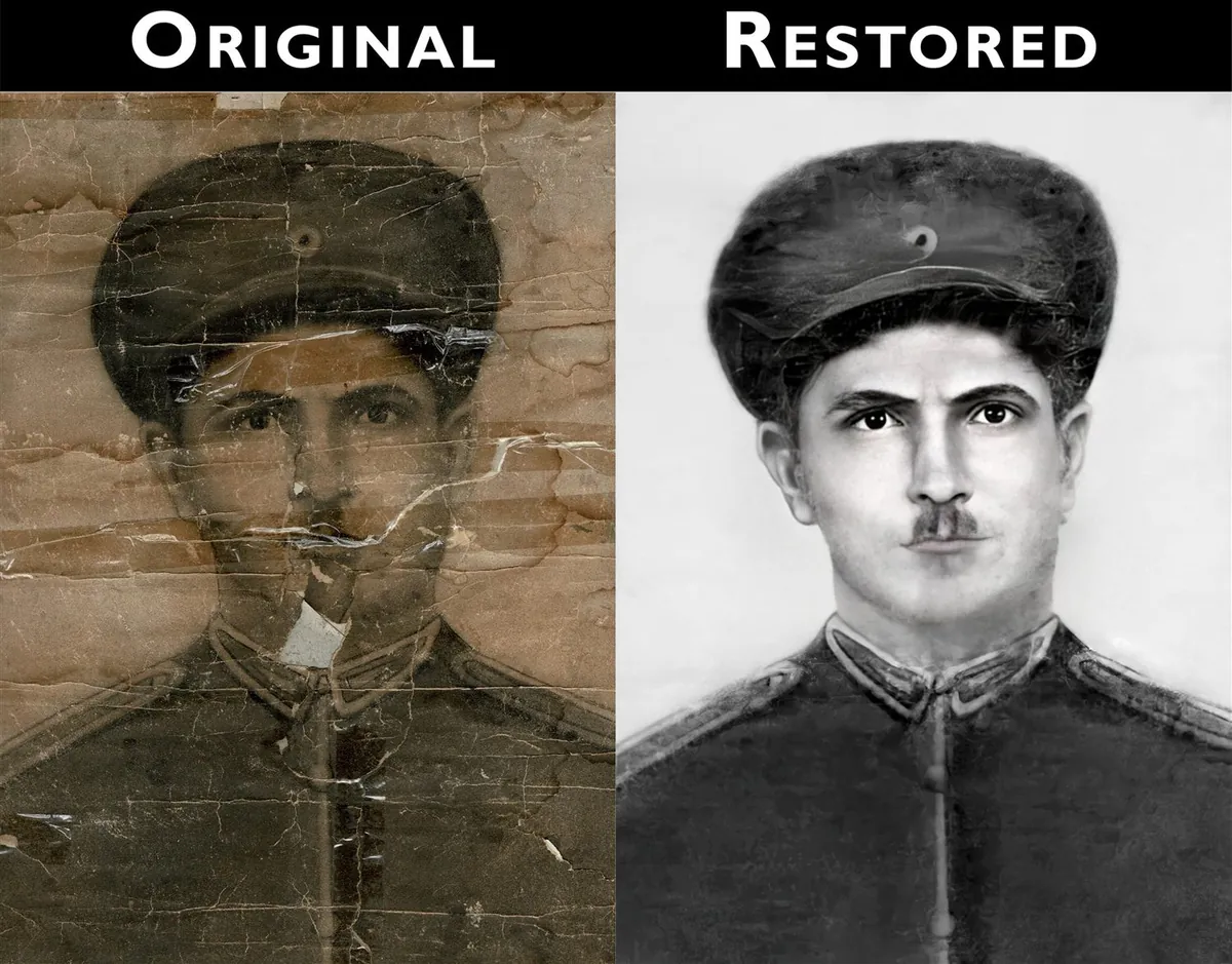 Restauration d'une photo militaire déchirée — avant après