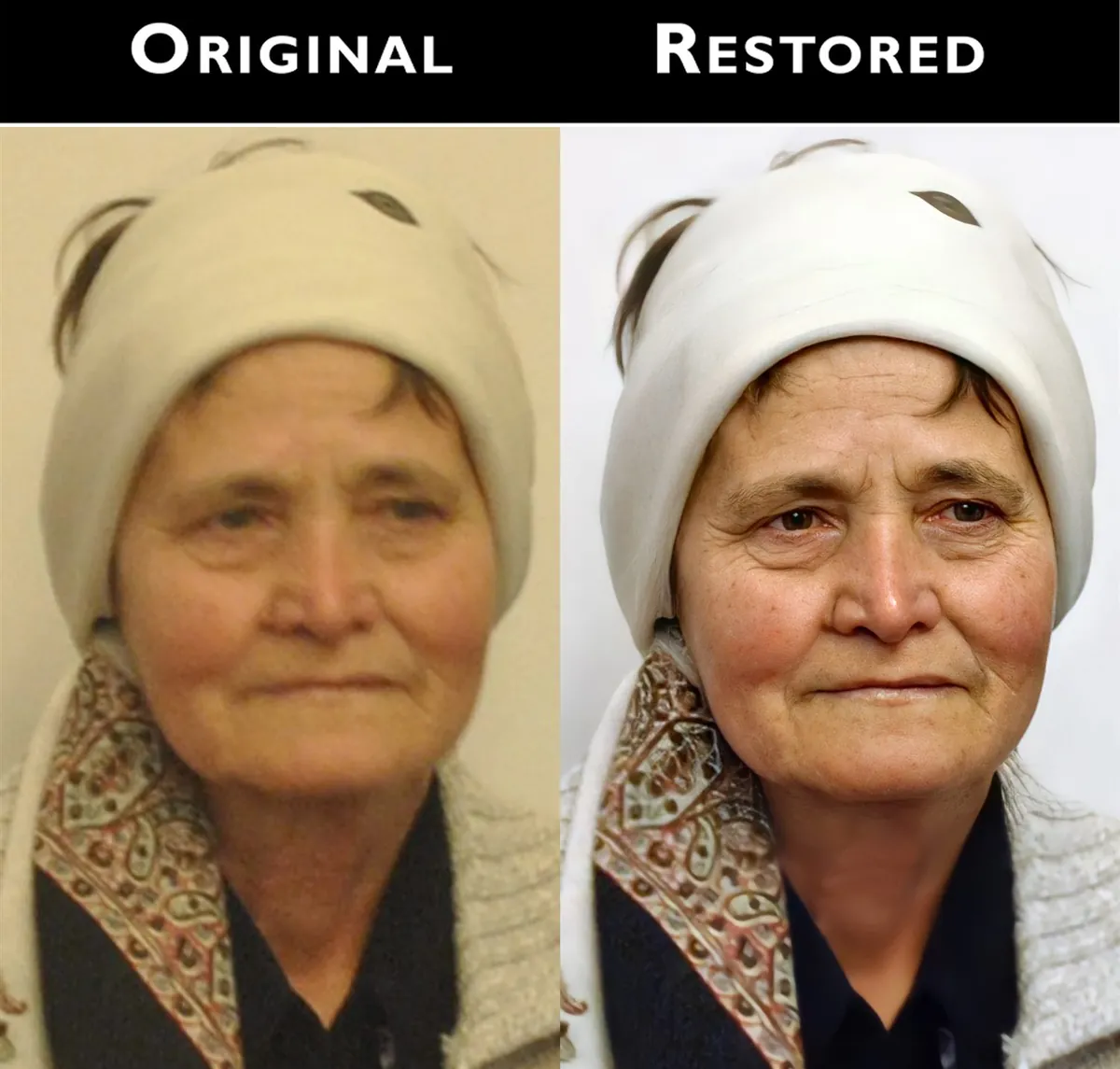 Restauration et amélioration d'un portrait ancien — avant après